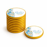 Golden personalised chocolate coins with blue and white floral noahs christening details for moses basket gift