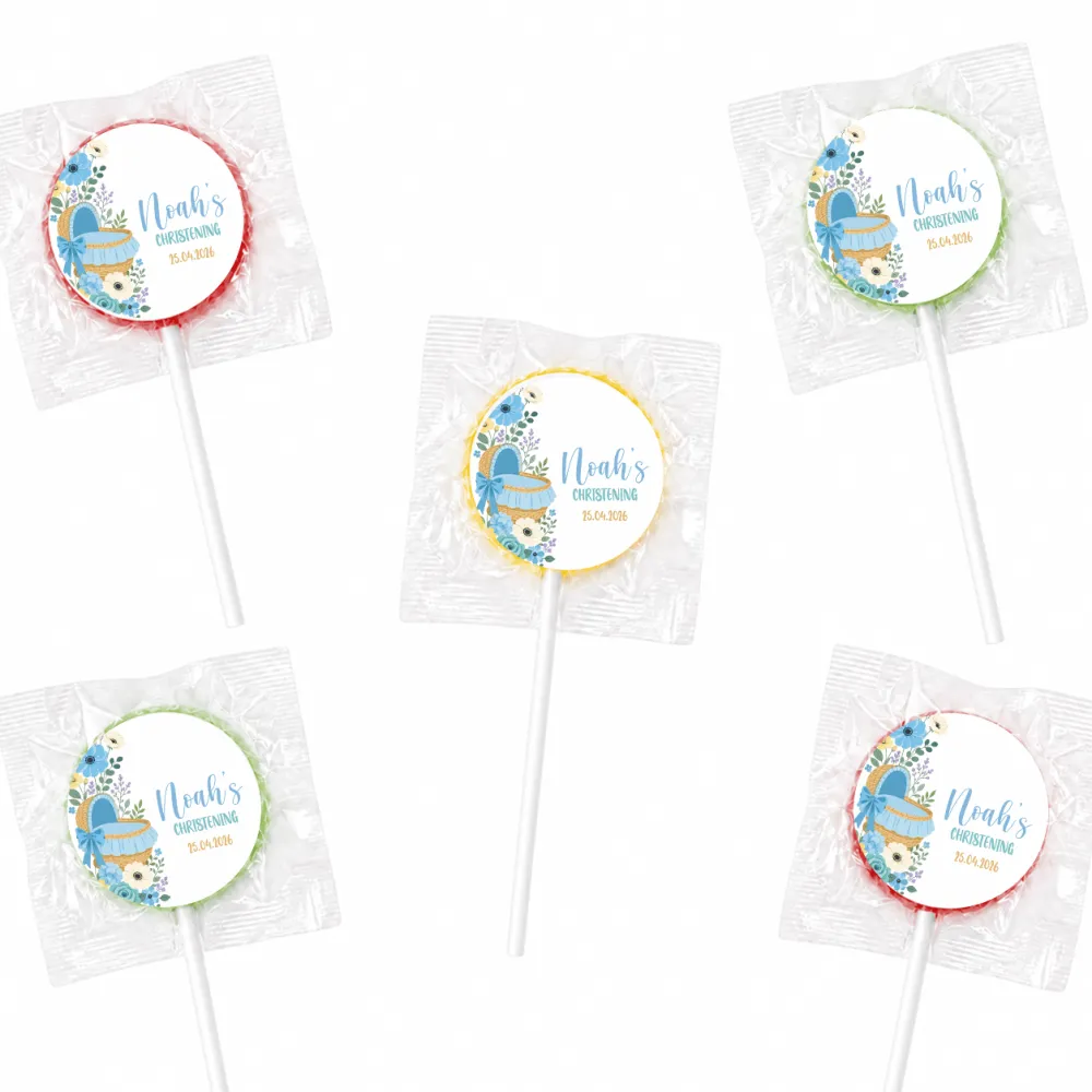 Blue and white floral lollipop favour with personalized noah label for moses basket christening celebration