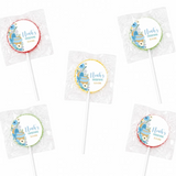 Blue and white floral lollipop favour with personalized noah label for moses basket christening celebration