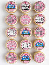 Pink frosted cupcakes with mr and mrs wedding edible cupcake toppers featuring blue birds and cages on icing sheets