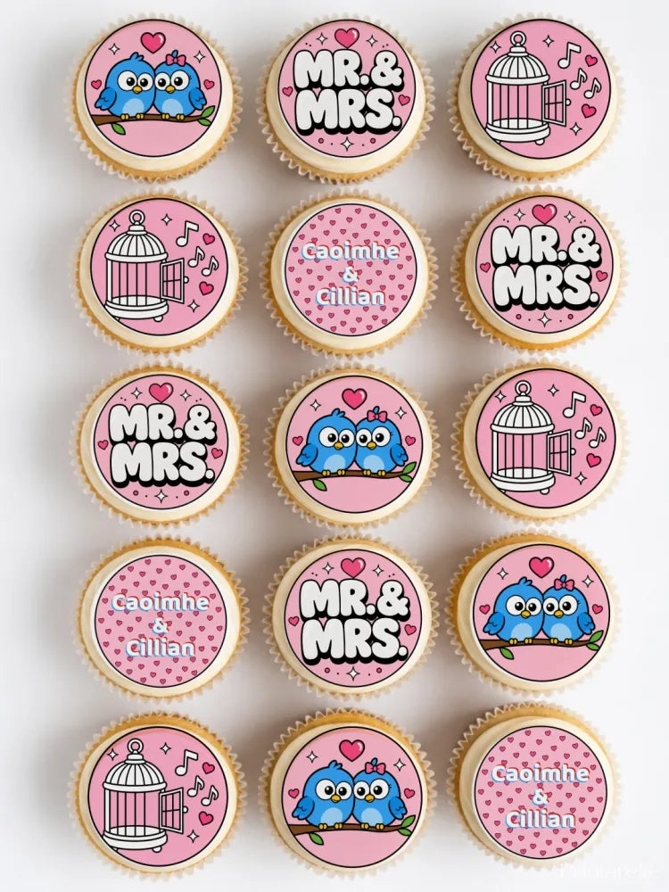 Pink frosted cupcakes with mr and mrs wedding edible cupcake toppers featuring blue birds and cages on icing sheets