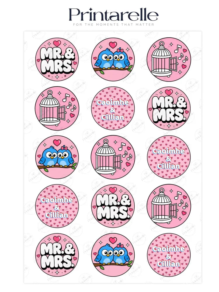 Pink circular cupcake toppers with cartoon blue owls music notes birdcages and mr for mrs wedding icing sheet use
