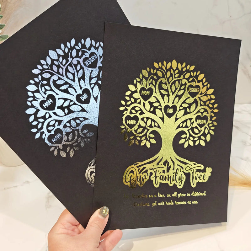 Black family tree print with gold foil detailing and personalized names in heart shapes