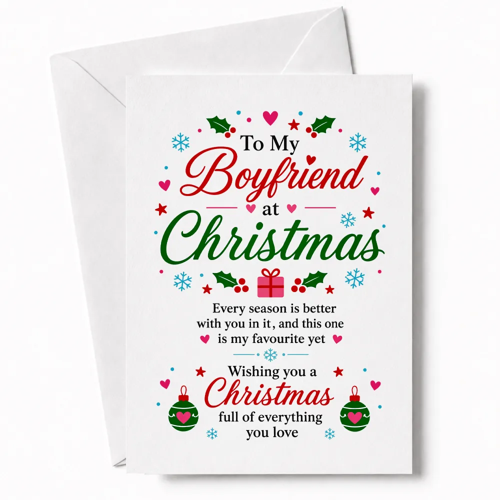White boyfriend christmas card with red green festive text holly leaves snowflakes hearts on 300gsm card