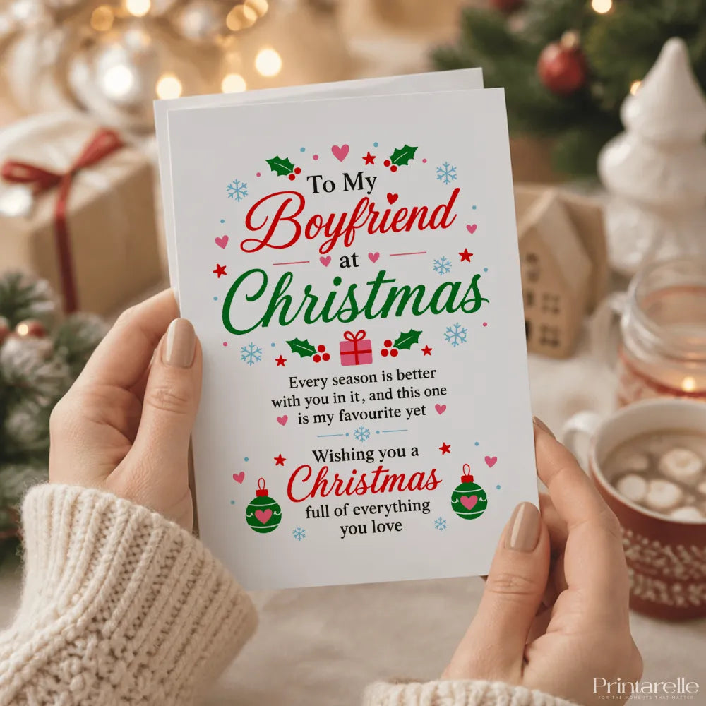 White boyfriend christmas card with festive red and green design featuring elegant script on 300gsm card