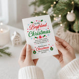 A white boyfriend christmas card with red and green festive illustrations and elegant to my boyfriend at christmas script