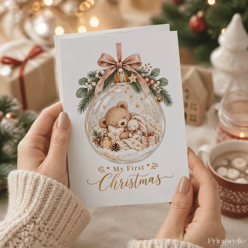 My first christmas personalised baby bunny card featuring a white 300gsm christmas card with a glass bauble design