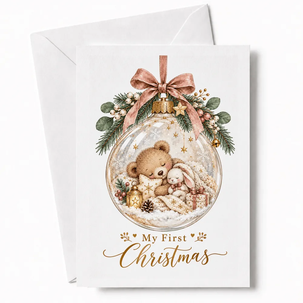 A delicate glass bauble christmas card with a sleeping teddy bear and bunny, decorated with a pink ribbon bow
