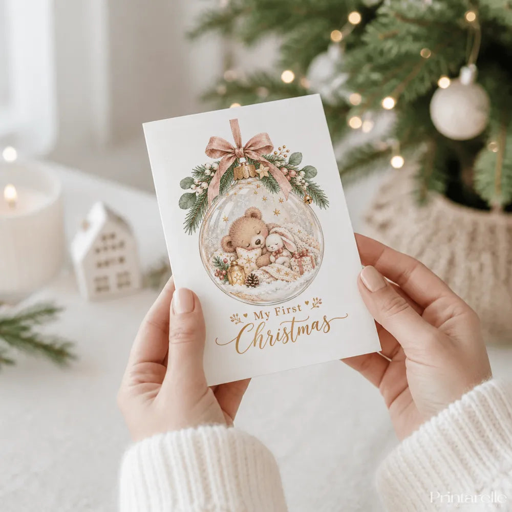 A white christmas card featuring a glass bauble with a sleeping teddy and bunny tied with a soft pink ribbon bow