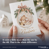 My first christmas personalised baby bunny card featuring a white 300gsm christmas card with a glass bauble design