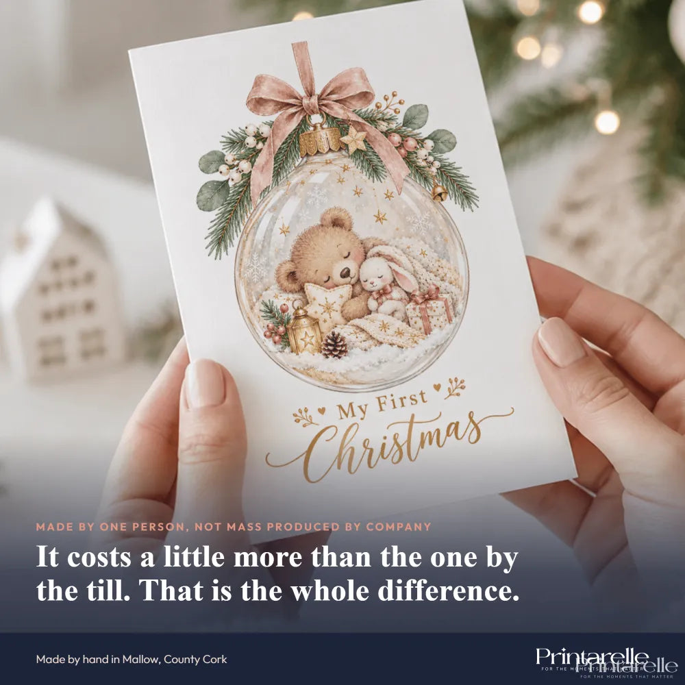 My first christmas personalised baby bunny card featuring a white 300gsm christmas card with a glass bauble design