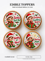 Cheerful elf cupcake toppers in red and green holiday attire on round sugary icing sheet for christmas cupcakes