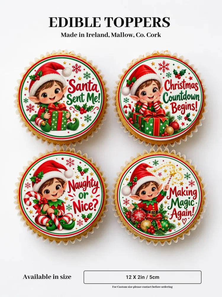 Cheerful elf cupcake toppers in red and green holiday attire on round sugary icing sheet for christmas cupcakes