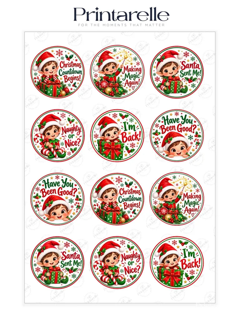 Circular christmas-themed elf cupcake toppers with cheerful elves in red hats on icing sheet for festive treats