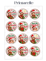 Circular christmas-themed elf cupcake toppers with cheerful elves in red hats on icing sheet for festive treats