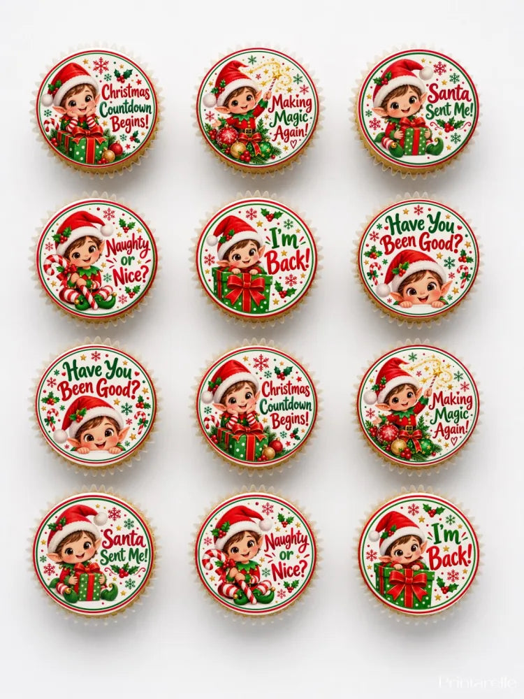 Naughty or nice elf cupcake toppers with festive red green and white icing sheet designs for christmas cupcakes