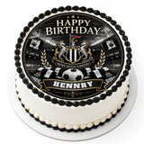 Black and white frosted newcastle united birthday cake with custom icing sheet cake topper and team crest design