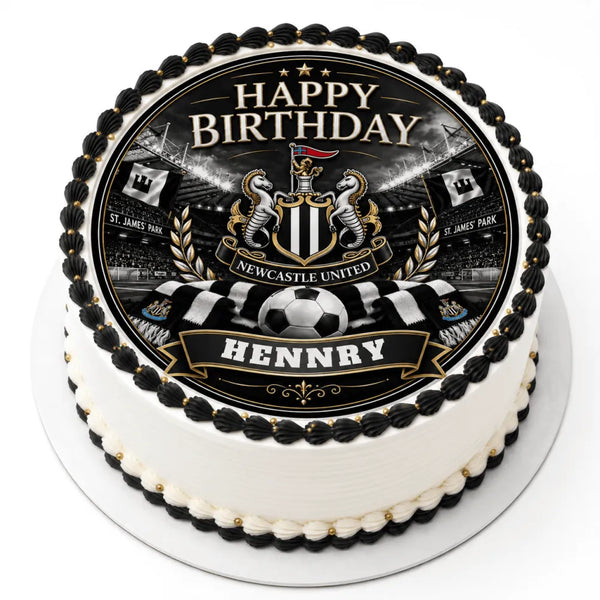 Black and white frosted newcastle united birthday cake with custom icing sheet cake topper and team crest design