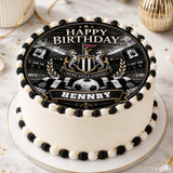 Newcastle united birthday edible cake topper in black and white featuring crest, soccer ball, and personalized icing sheet name henny