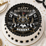 Newcastle united birthday cake topper with black and white icing sheet, gold accents, team crest, stadium, and name henny