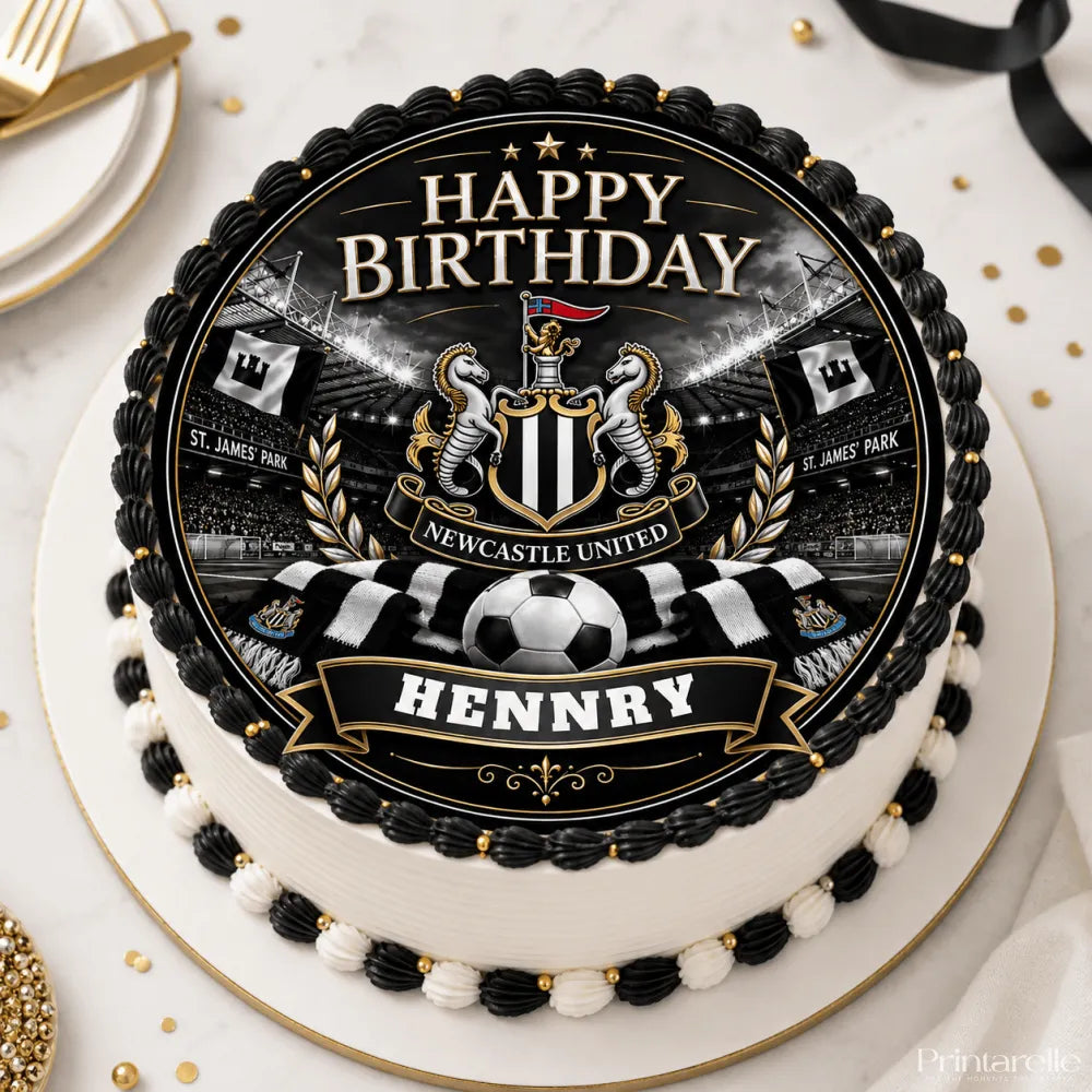 Newcastle united birthday cake topper with black and white icing sheet, gold accents, team crest, stadium, and name henny