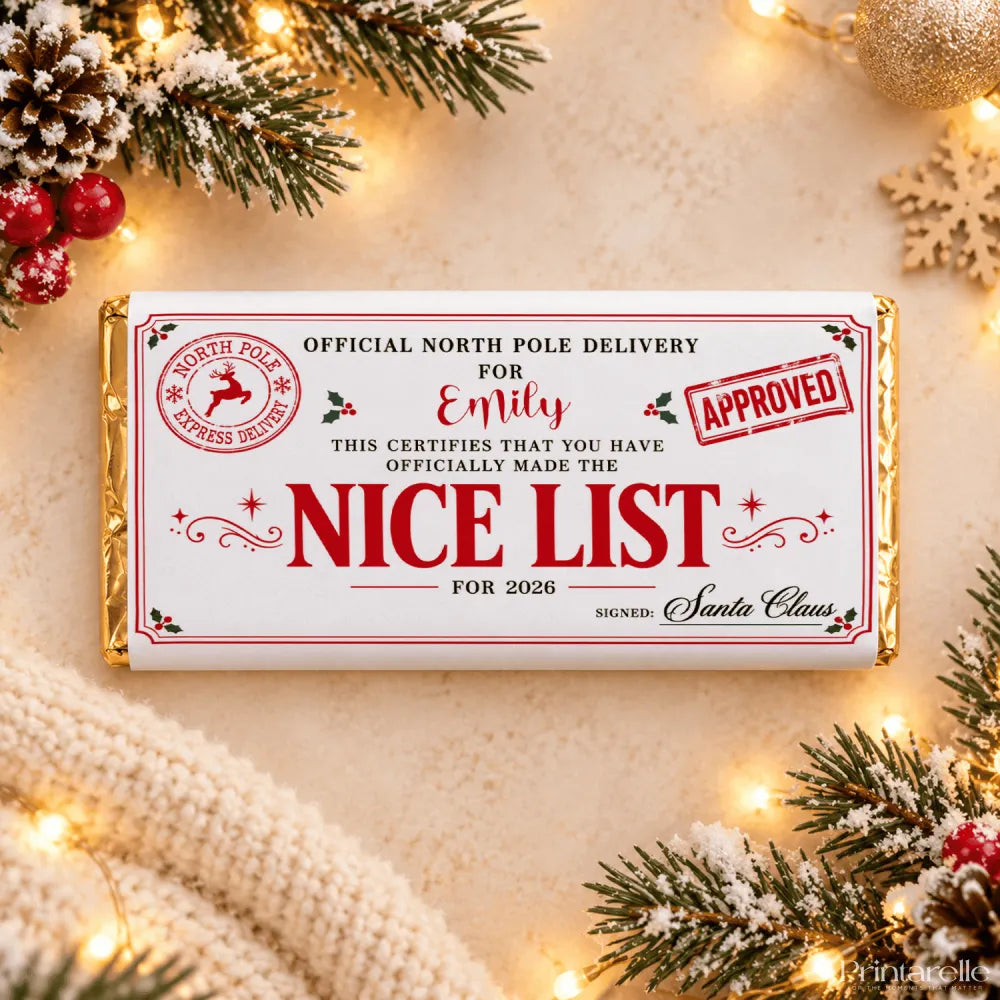 White chocolate 135g chocolate bar with gold foil nice list holiday wrap personalized for emily by santa claus