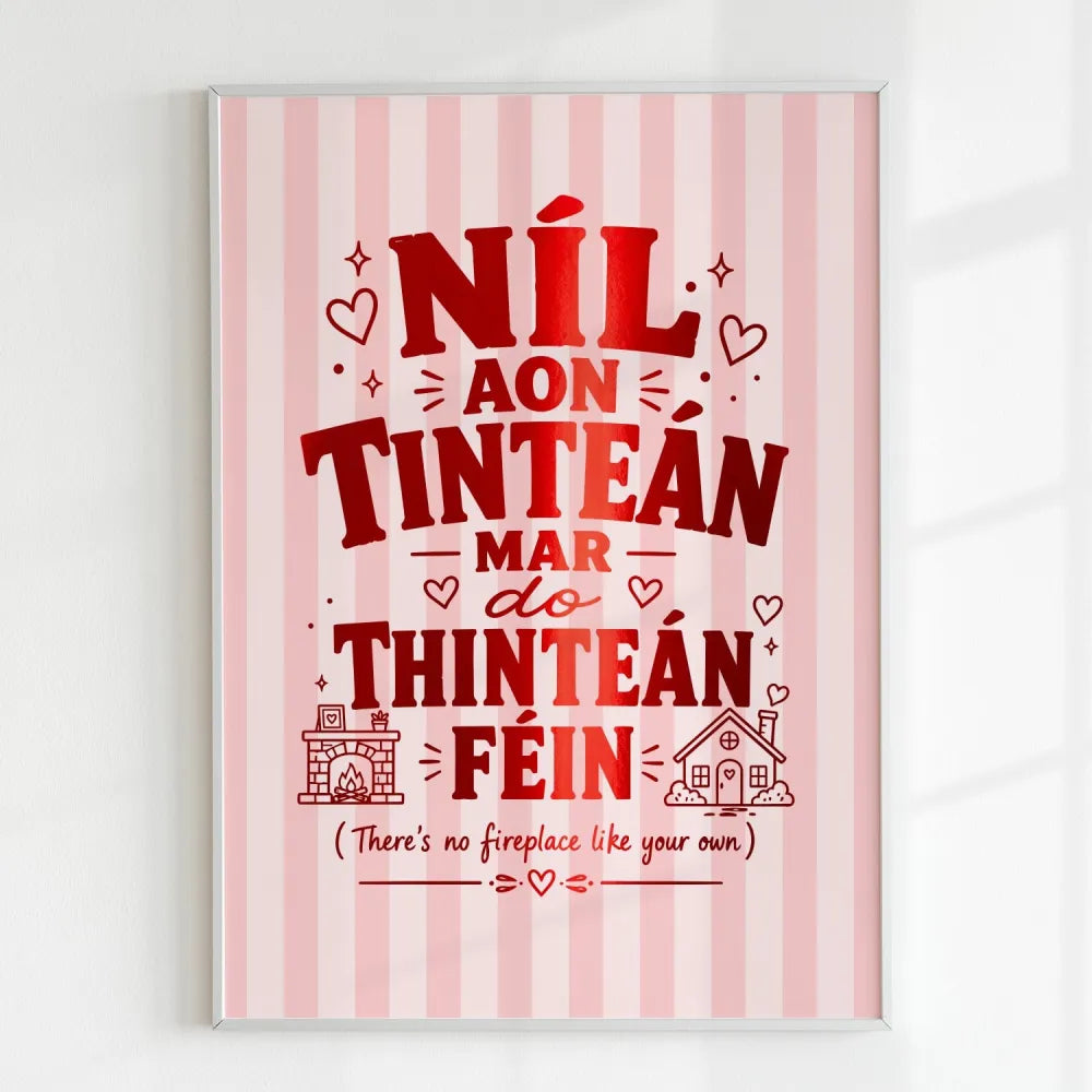 Framed artwork with red text on a pink striped background