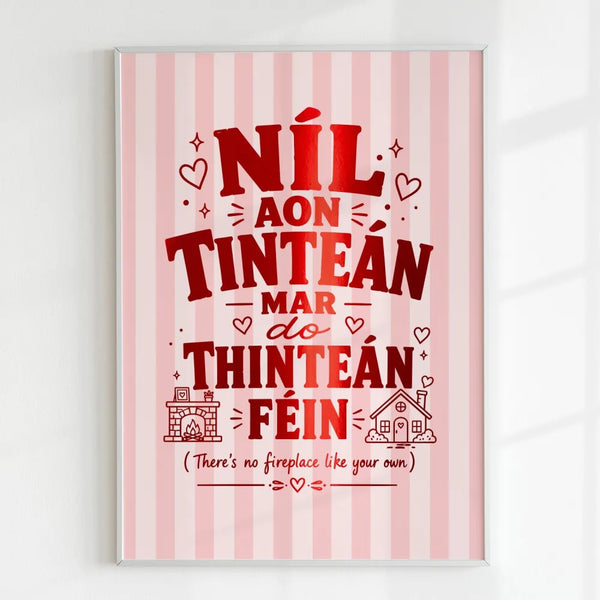 Framed artwork with red text on a pink striped background