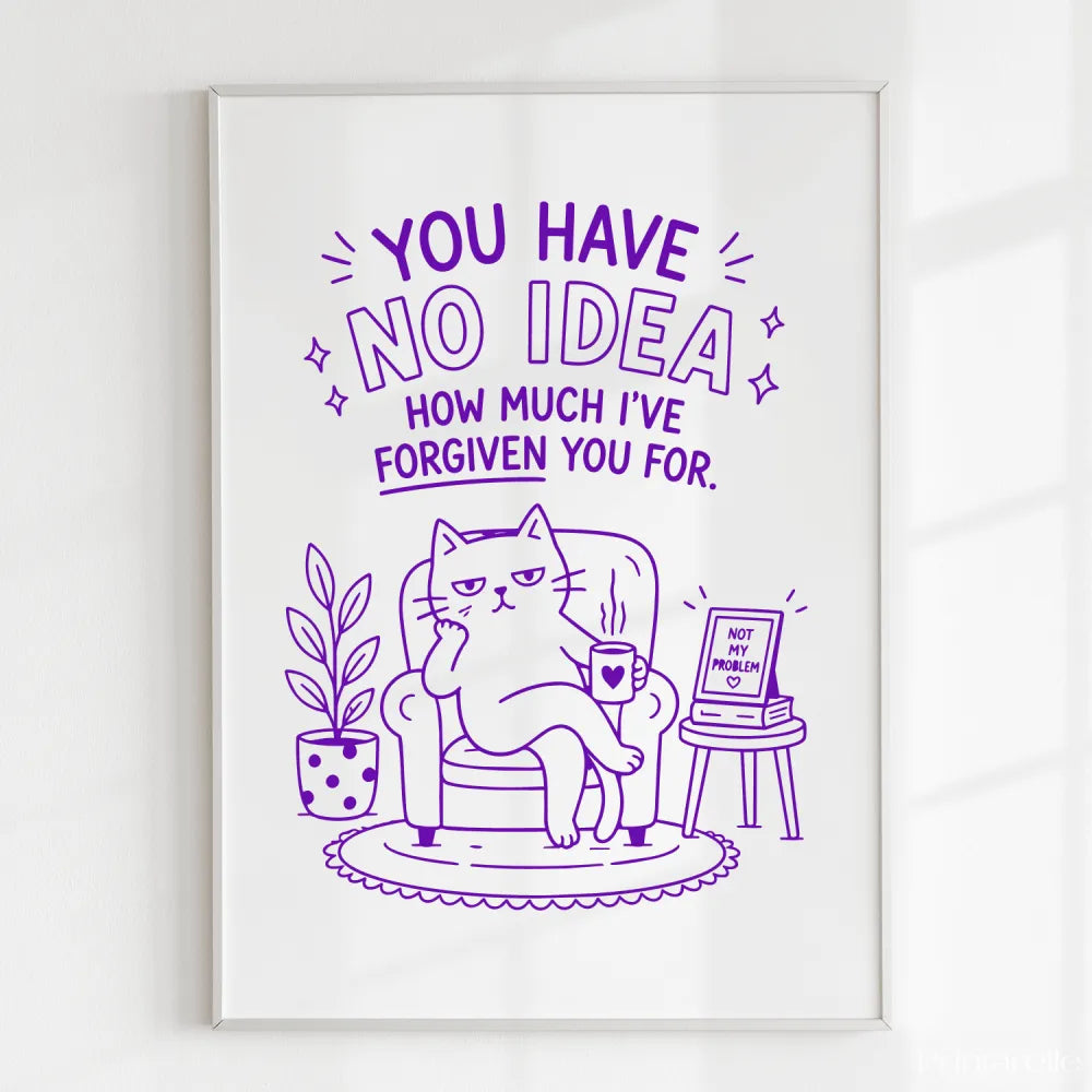 Purple line-art funny cat print on 300gsm uncoated card with cat lounging and forgiving message armchair design