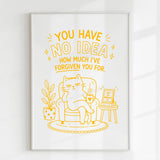 A framed funny cat wall art print on 300gsm uncoated card with minimalist yellow line drawing and text