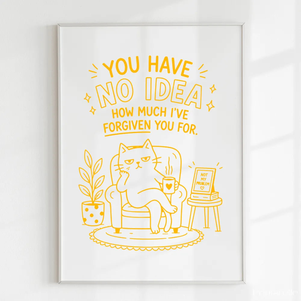 A framed funny cat wall art print on 300gsm uncoated card with minimalist yellow line drawing and text