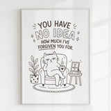 A funny cat minimalist black and white art print on 300gsm uncoated card with a lounging cat and text above it