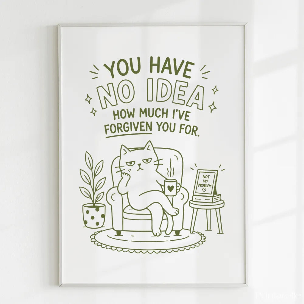 White-framed funny cat print on 300gsm uncoated card with olive-green line art of cat lounging in armchair and text above