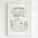 White-framed funny cat print on 300gsm uncoated card with olive-green line art of cat lounging in armchair and text above