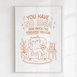 A framed wall art print on 300gsm uncoated card with a minimalist orange funny cat holding a mug and forgiving text