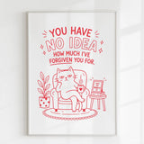 Minimalist white-framed funny cat print on 300gsm uncoated card featuring red line drawing of cat lounging in armchair with text