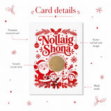 A festive nollaig shona red foil scratch reveal card featuring santa elves and a reindeer in irish language style