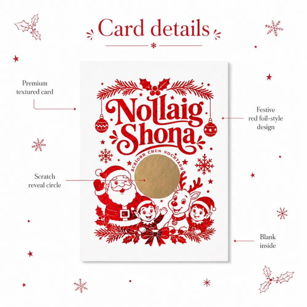 A festive nollaig shona red foil scratch reveal card featuring santa elves and a reindeer in irish language style