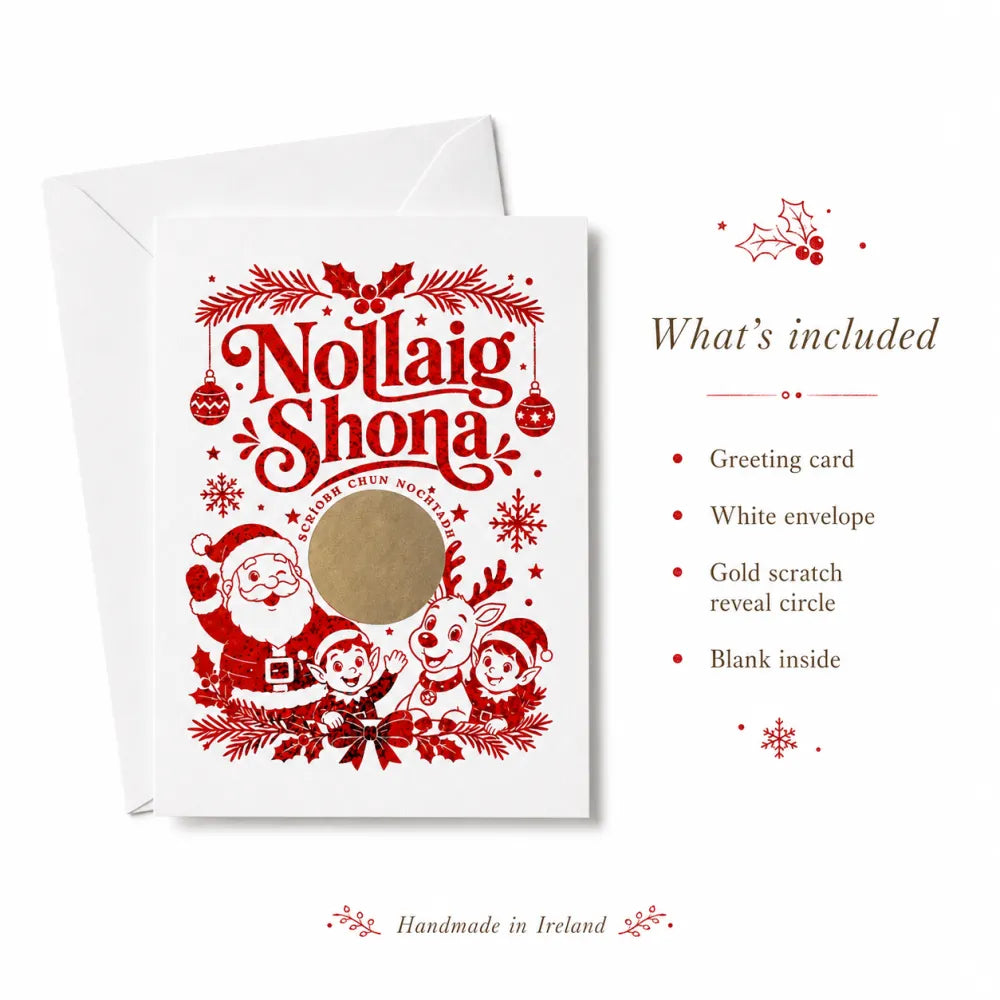 Red foil nollaig shona greeting card with santa elves reindeer and gold scratch reveal circle in irish language