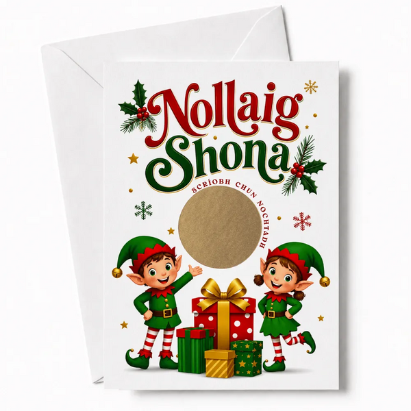 A festive white nollaig shona scratch reveal card with two irish language elves and holiday decorations