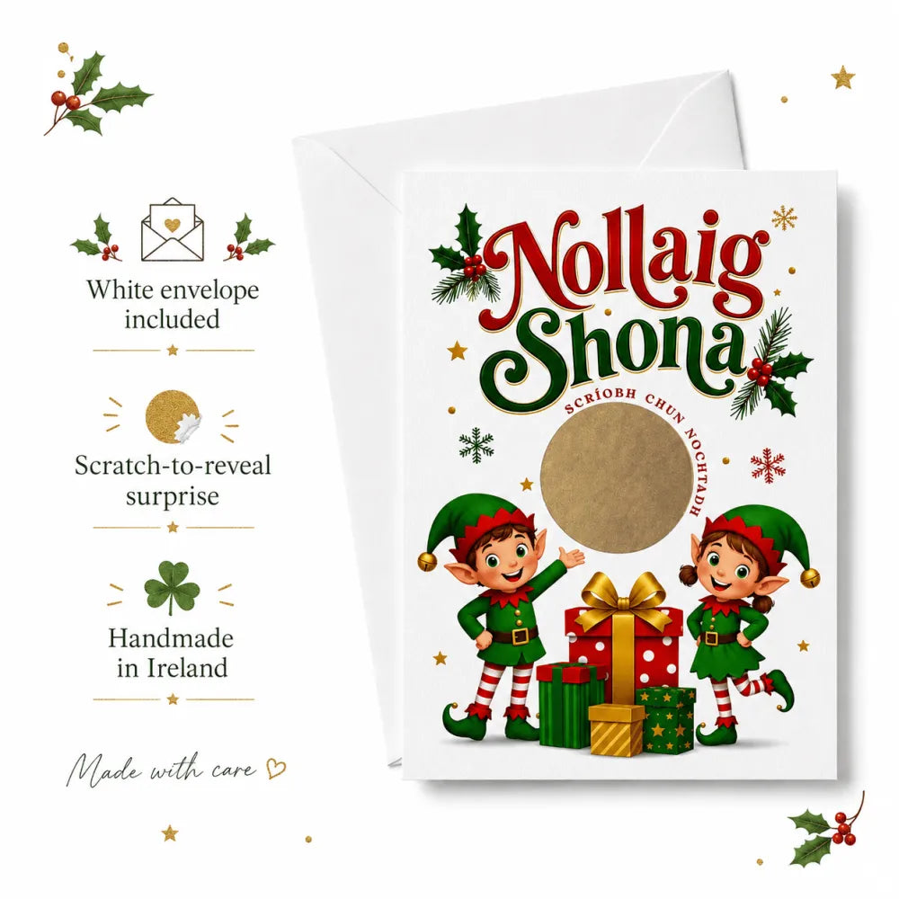White nollaig shona holiday scratch reveal card with irish language elves in green and red surrounded by festive gifts and holly