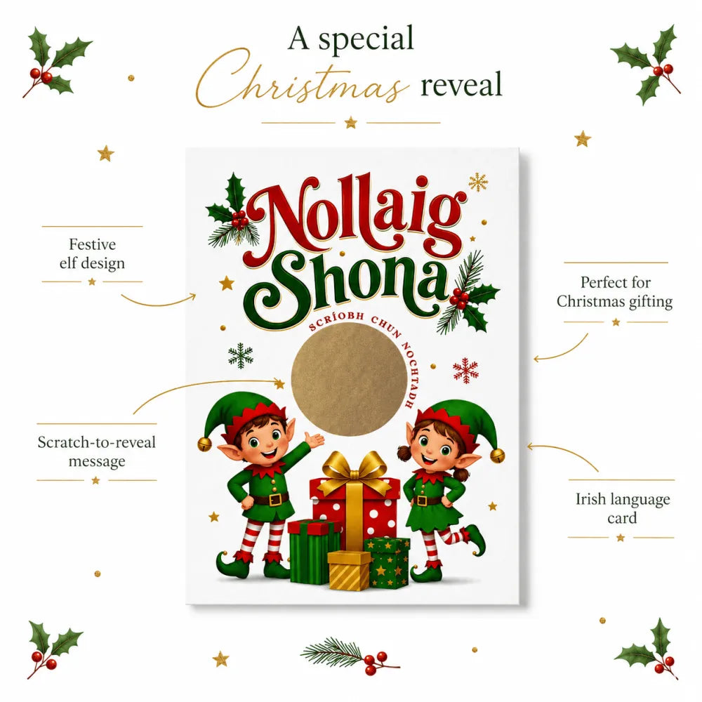 A festive nollaig shona scratch reveal card with irish elves in green outfits and colorful gifts in irish language