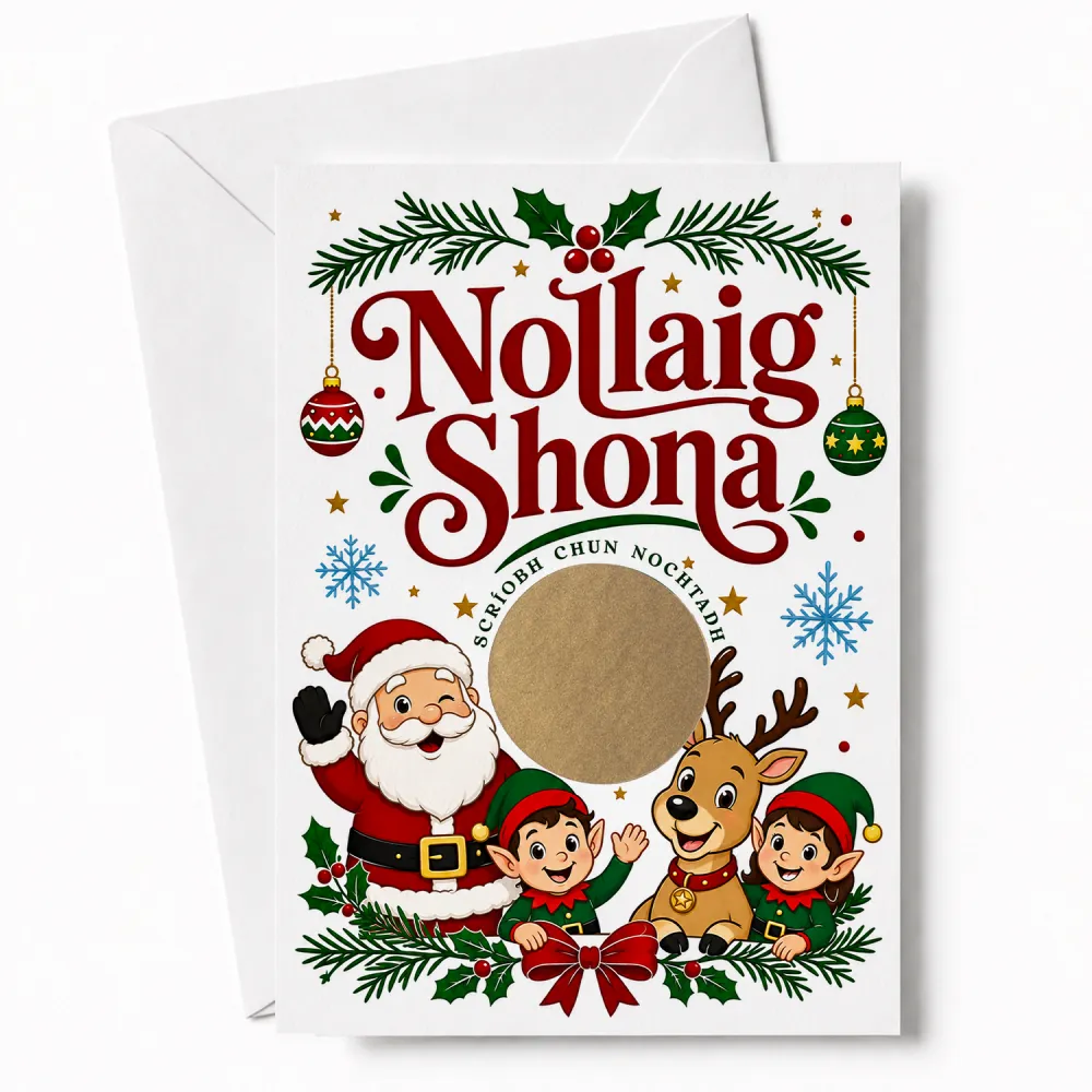 A festive white nollaig shona scratch reveal card with irish santa elf in red and green holiday attire and decorative holly