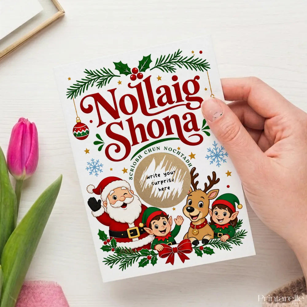 A festive white nollaig shona scratch reveal card with irish language santa elves and reindeer in red and green attire