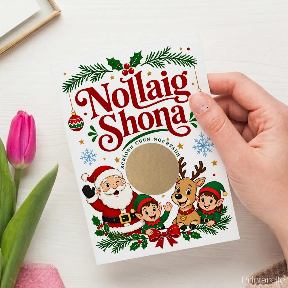 A festive white nollaig shona scratch reveal card with irish language santa elf reindeer in red green and gold illustrations