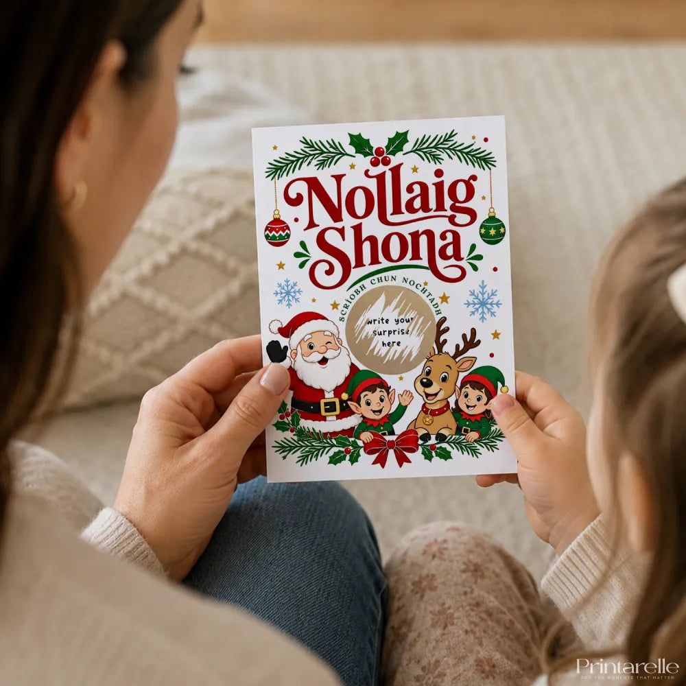 A festive white nollaig shona scratch reveal card with santa elves reindeer in red green and gold in irish language