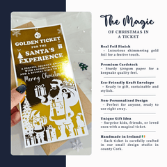 Christmas-themed ticket with gold and brown design, held by a hand, on a white background.