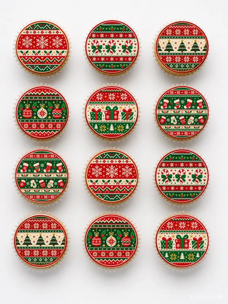 Nordic knit cupcake toppers with red green cream icing sheet designs featuring snowflakes candy canes and trees