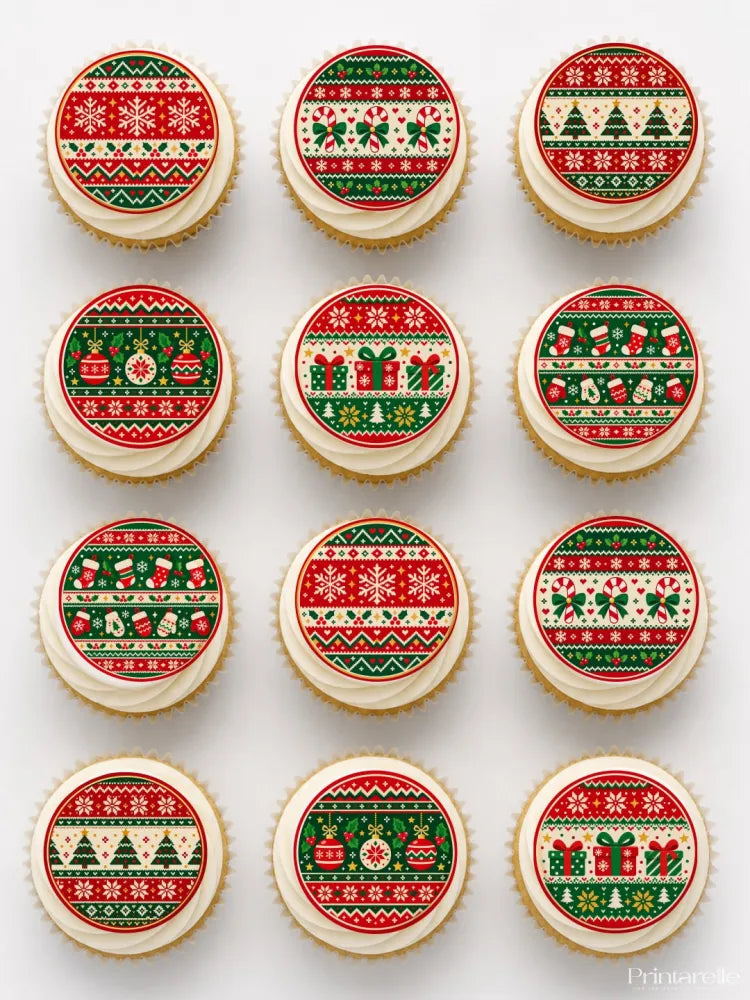 Christmas-themed frosted cupcakes with red green cream nordic knit icing sheet cupcake toppers featuring festive patterns