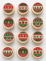 Christmas-themed frosted cupcakes with red green cream nordic knit icing sheet cupcake toppers featuring festive patterns